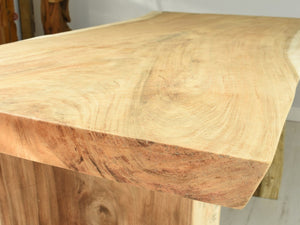 150cm Suar live edge table with pedestal style legs, close up view.