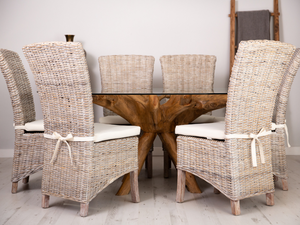 Oval Teak Root Dining Set with 6 Whitewash Kubu Chairs