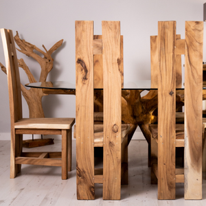 Oval Teak Root Dining Set with 6 H-Back Chairs