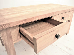 Reclaimed teak chunky coffee table with 2 drawers, close view of open drawer.