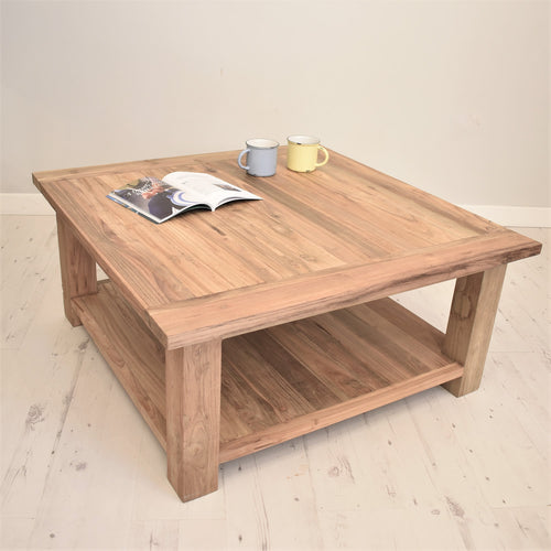 Square reclaimed teak chunky coffee table with shelf.