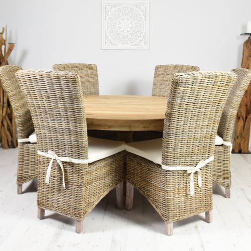 140cm Round reclaimed teak dining set with 6 natural Kabu chairs.