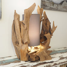 Load image into Gallery viewer, Handcrafted Teak Root lamp, unique design with the shade surrounded by sculptural driftwood style lamp base
