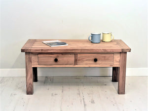 Recalimed teak chunky coffee table with 2 drawers.