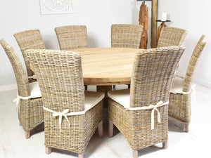 180cm Round reclaimed teak dining set with 8 natural Kabu chairs.
