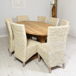 Oval Reclaimed Teak Dining Set with 8 Whitewash Banana Leaf Chairs