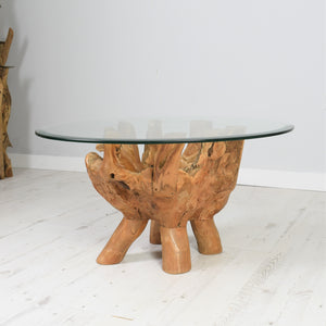 Teak root glass top coffee table side view 80cm