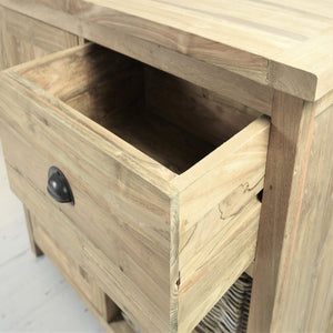 Reclaimed teak small sideboard, close view of open drawer.