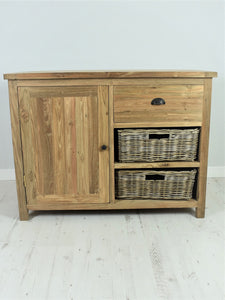 Reclaimed teak small sideboard, 1 door, 1 drawer, 2 baskets.