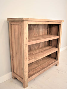 Reclaimed teak small bookcase, side view.
