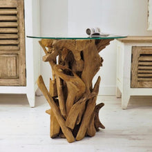 Load image into Gallery viewer, Perfect teak wood home decor piece. Small wooden living room accent table, driftwood style side table.