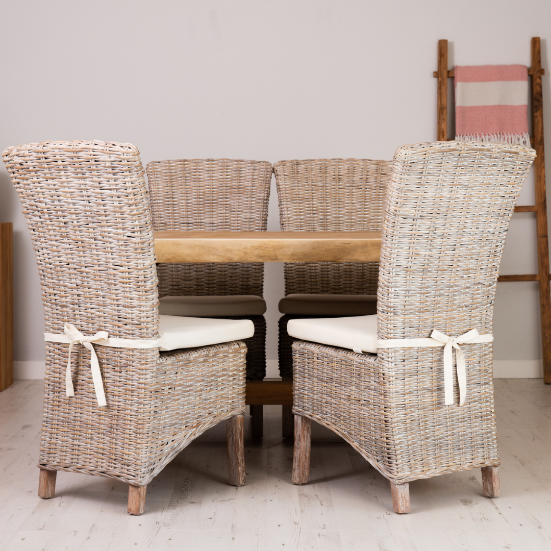 150cm Suar Live Edge Dining Set with 4 Whitewash Kubu Chairs