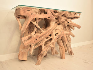 Natural teak root console table, close view of root.