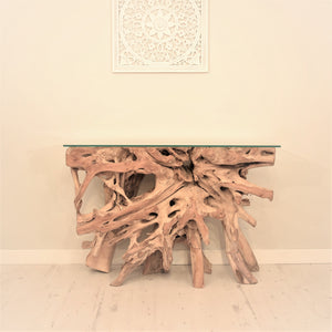 Natural teak root console table.