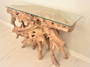 Natural teak root console, table side view.