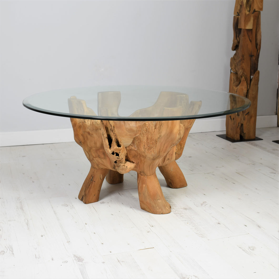 Teak root round coffee table glass top 100cm
