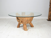 Load image into Gallery viewer, Round reclaimed teak root coffee table side view.