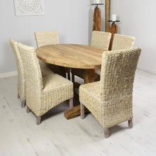 Load image into Gallery viewer, 160cm Reclaimed teak oval dining set with 6 whitewashed banana leaf chairs.