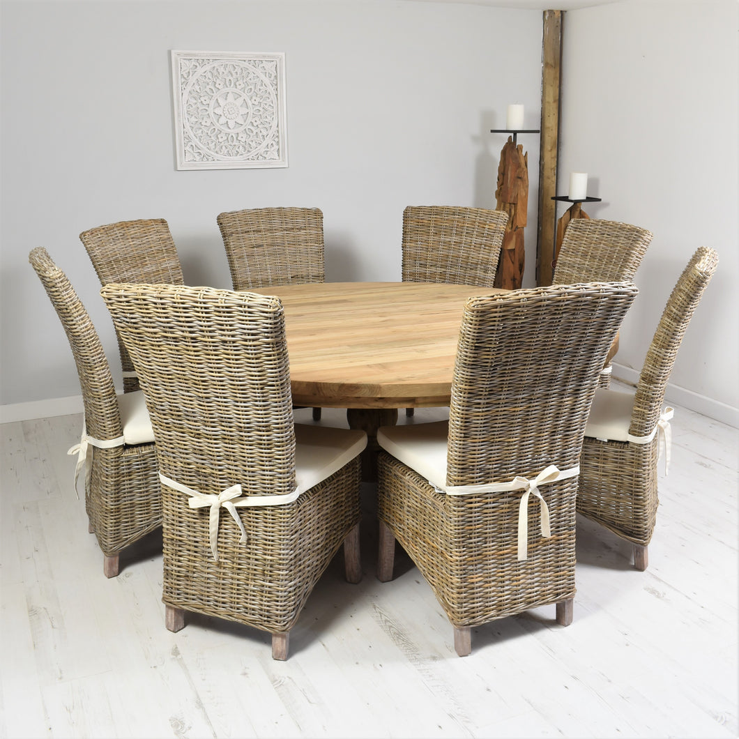 180cm Round reclaimed teak dining set with 8 natural Kabu chairs