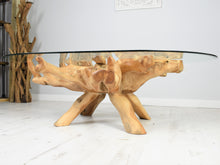 Load image into Gallery viewer, Reclaimed teak root oval coffee table 150x100cm side view of root.