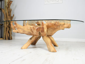 Reclaimed teak root oval coffee table 150x100cm side view of root.