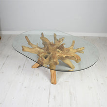 Load image into Gallery viewer, Reclaimed teak root oval coffee table 150x100cm  with glass top.