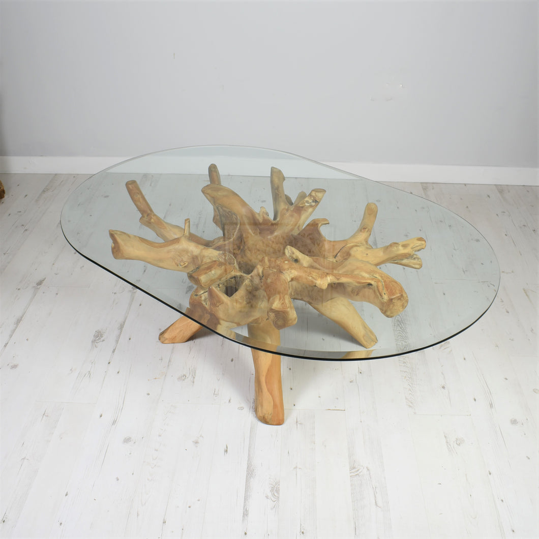 Reclaimed teak root oval coffee table 150x100cm  with glass top.