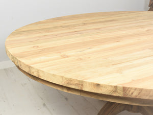 180cm Round reclaimed teak table, close up view.