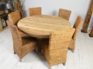 140cm Round reclaimed teak dining set with 6 natural banana leaf chairs.