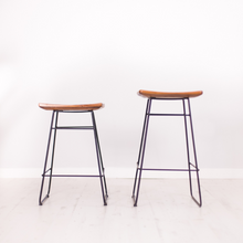 Load image into Gallery viewer, side by side of contemporary teak and metal kitchen counter stool and high bar stool