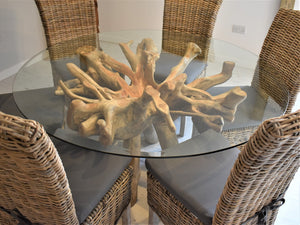 Round Teak Root Dining Set with 6 Natural Kubu Chairs