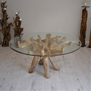 Round Teak Root Dining Set with 6 Natural Kubu Chairs