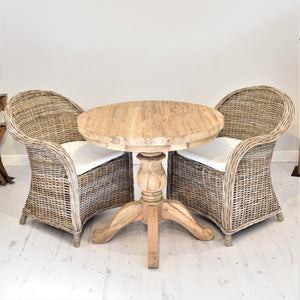 Round Reclaimed Teak Dining Set with 2 Curved Kubu Armchairs