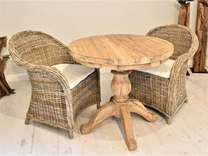 Round Reclaimed Teak Dining Set with 2 Curved Kubu Armchairs