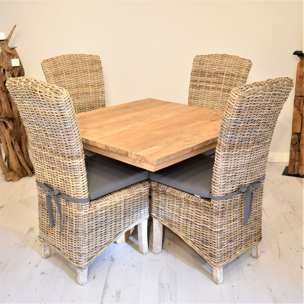 Square Reclaimed Teak Dining Set with 4 Natural Kubu Chairs