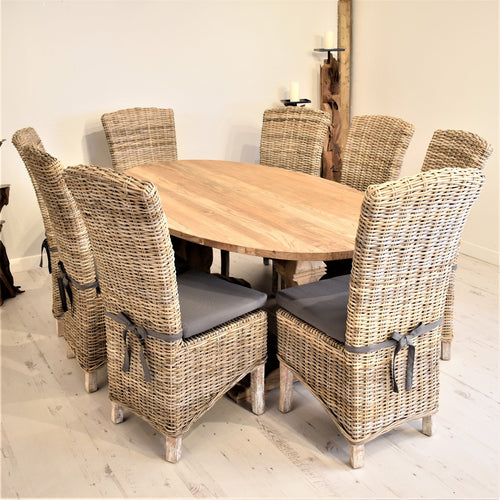 Oval Reclaimed Teak Dining Set with 8 Natural Kubu Chairs