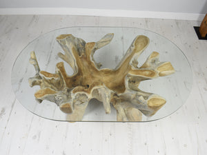Reclaimed teak  root oval coffee table, view of glass top. 