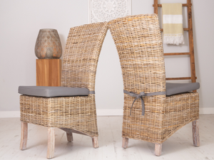 Handwoven Kubu rattan chair with seat cushion, detail front and back