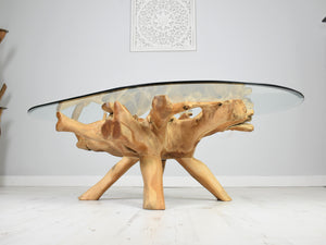 Reclaimed teak root coffee table, close view of root base.