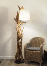 Load image into Gallery viewer, Handcrafted reclaimed teak root floor lamp. Organic design floor lamp with eco-friendly materials, perfect for living room or bedroom.