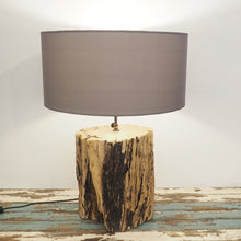 Load image into Gallery viewer, Recycled teak root base table lamp shown with grey lampshade