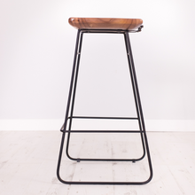 Load image into Gallery viewer, Side angle of a solid teak wood and metal bar stool showcasing its design