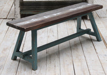 Load image into Gallery viewer, Reclaimed Pine Bench With Blue Legs