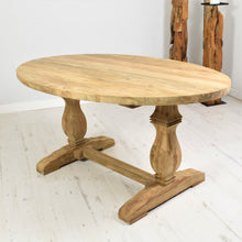 Load image into Gallery viewer, 160cm oval reclaimed teak dining table with carved leg columns and refectory style base