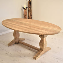 Load image into Gallery viewer, 200cm oval reclaimed teak dining table with refectory style base featuring carved wooden legs