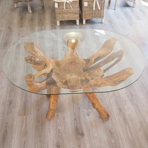 140x100cm Oval Teak Root Dining Table with tempered glass top