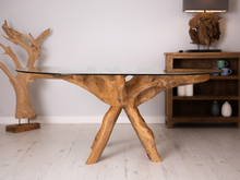 Load image into Gallery viewer, 180x120cm Oval Teak Root Dining Table with tempered glass top