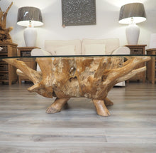 Load image into Gallery viewer, Reclaimed teak root oval coffee table , side view of root base.