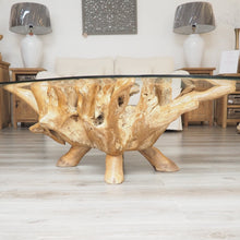 Load image into Gallery viewer, Reclaimed teak root oval coffee table 150x100cm side view.