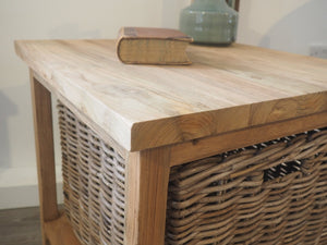 Reclaimed Wood Side Table With Wicker Drawer